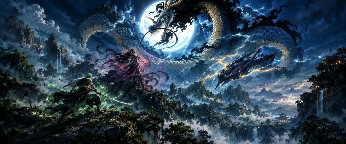 Paesaggio montano fantastico con diversi personaggi del mondo TCG