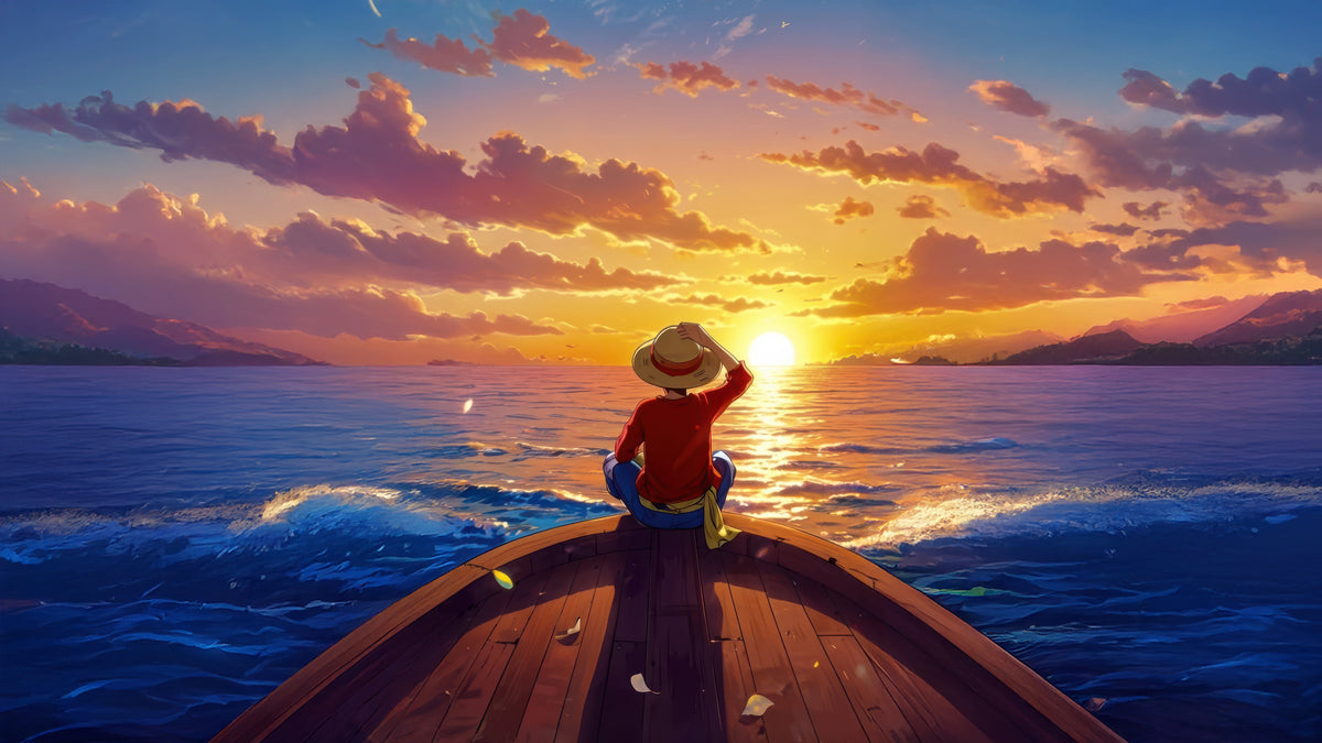 Immagine con Luffy in primo piano, rivolto di spalle seduto sulla prua di una nave mentre guarda il tramonto all'orizzonte