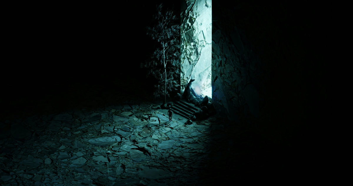 Scena notturna con personaggio ritratto di spalle che sta per varcare la soglia di un portale illuminato