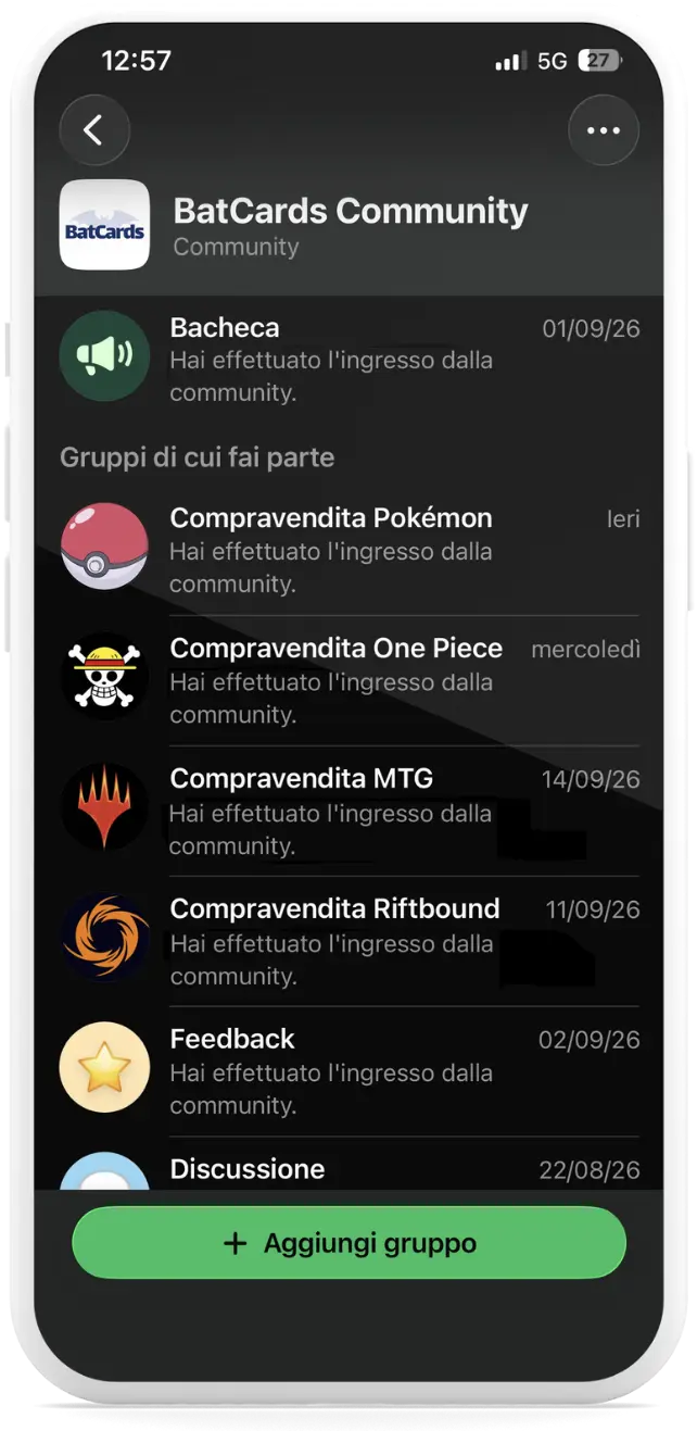 Screenshot della pagina generale della community whatsapp in cui vengono visualizzati i vari canali dedicati ai TCG